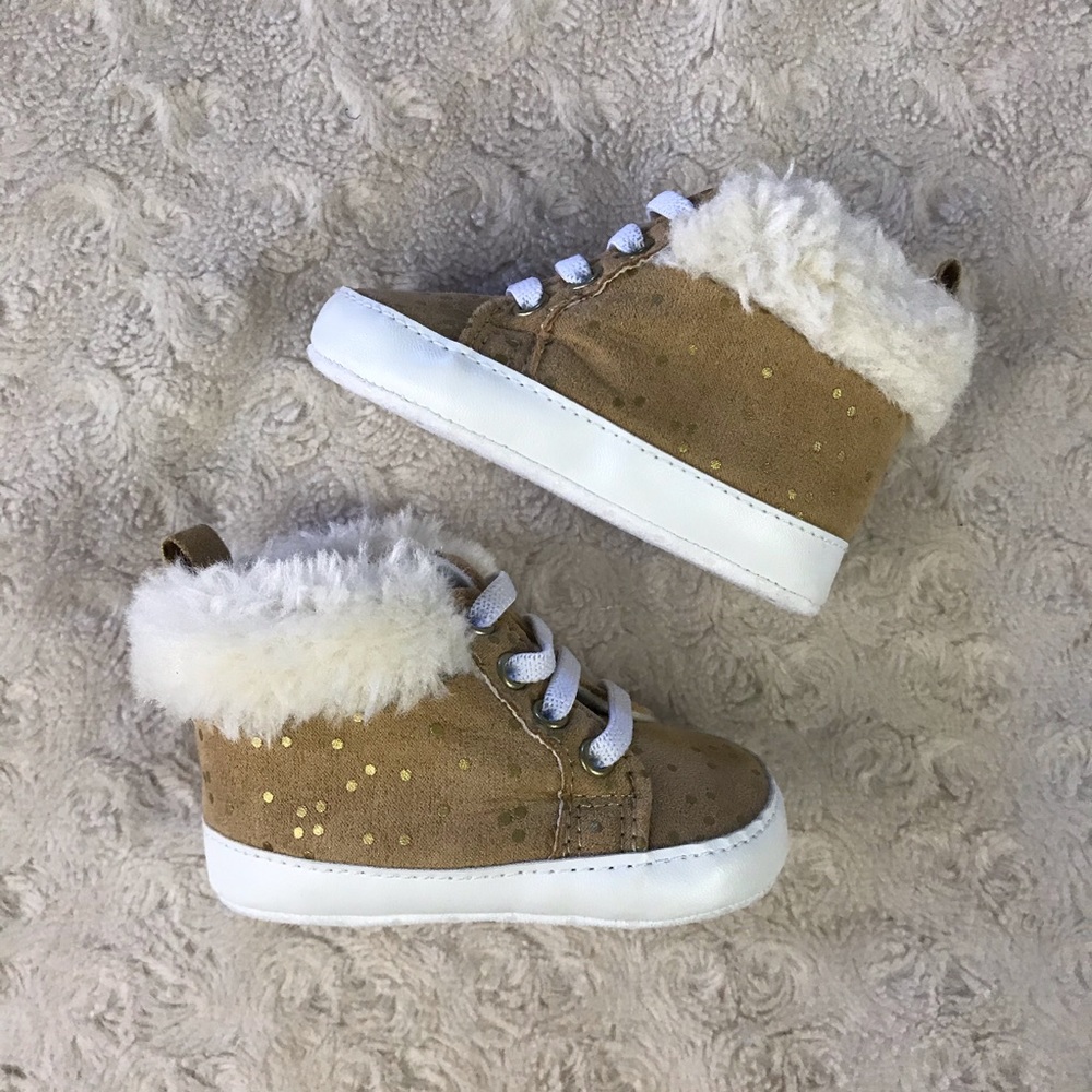 Rising Star Fuzzy High Top Shoes Gold Dot Tan